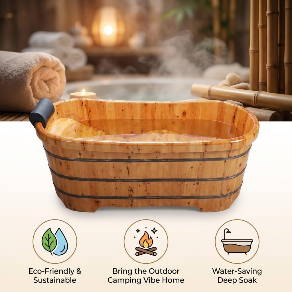 55 In Cedar Wood Bathtub for Adults, Wave-Base Water-Saving Wooden Bath Tub, Eco-Friendly Solid Wood Bath Barrel, Premium Sauna Wood Bath Tub for Home and Commercial Use