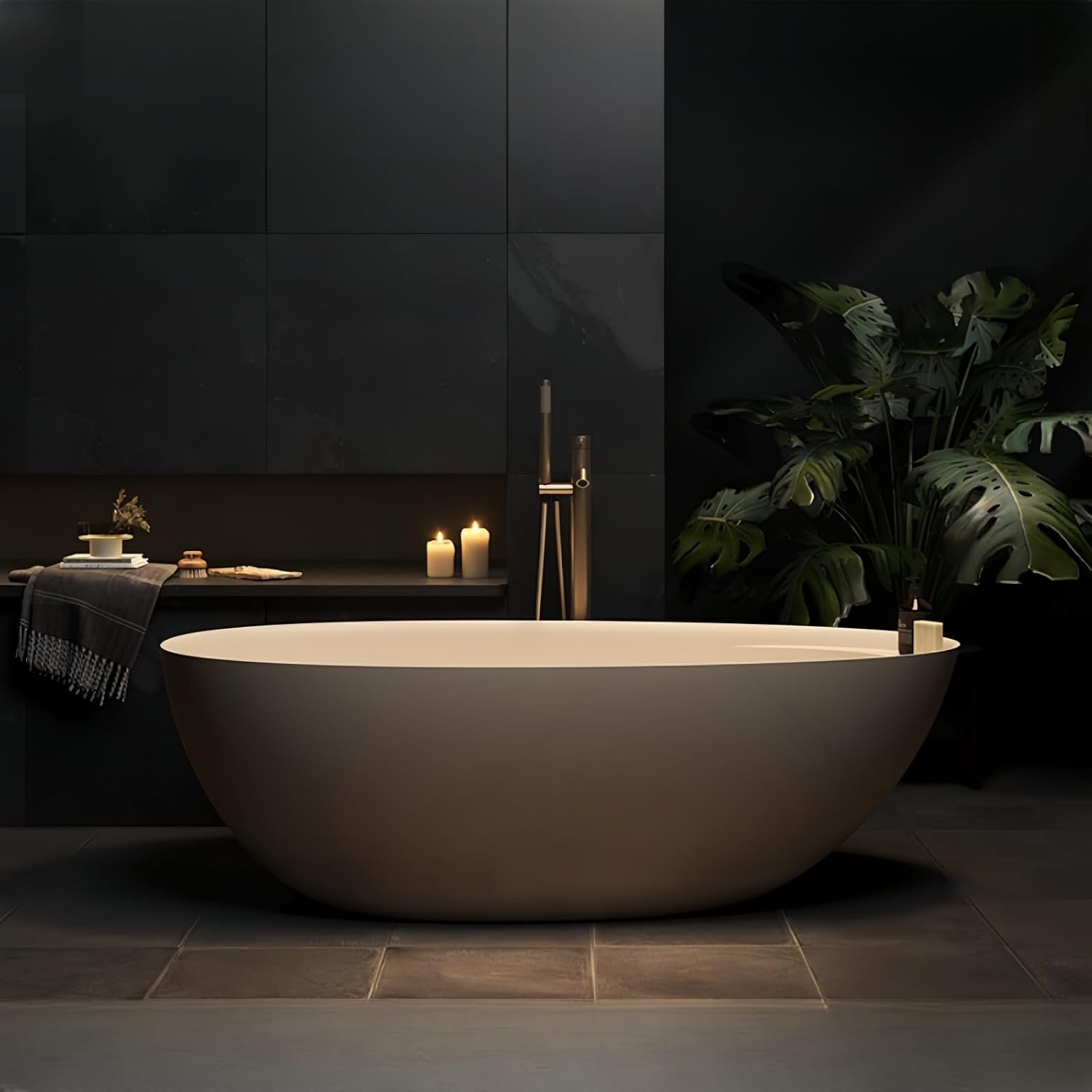 Freestanding Bathtub - Oval Solid Surface Bathtub, Ergonomic Soaker Tub, Modern Extra Deep Stand Alone Tub, with Drain, Suitable for Apartments, Villas, Hotels (Beige, 60')