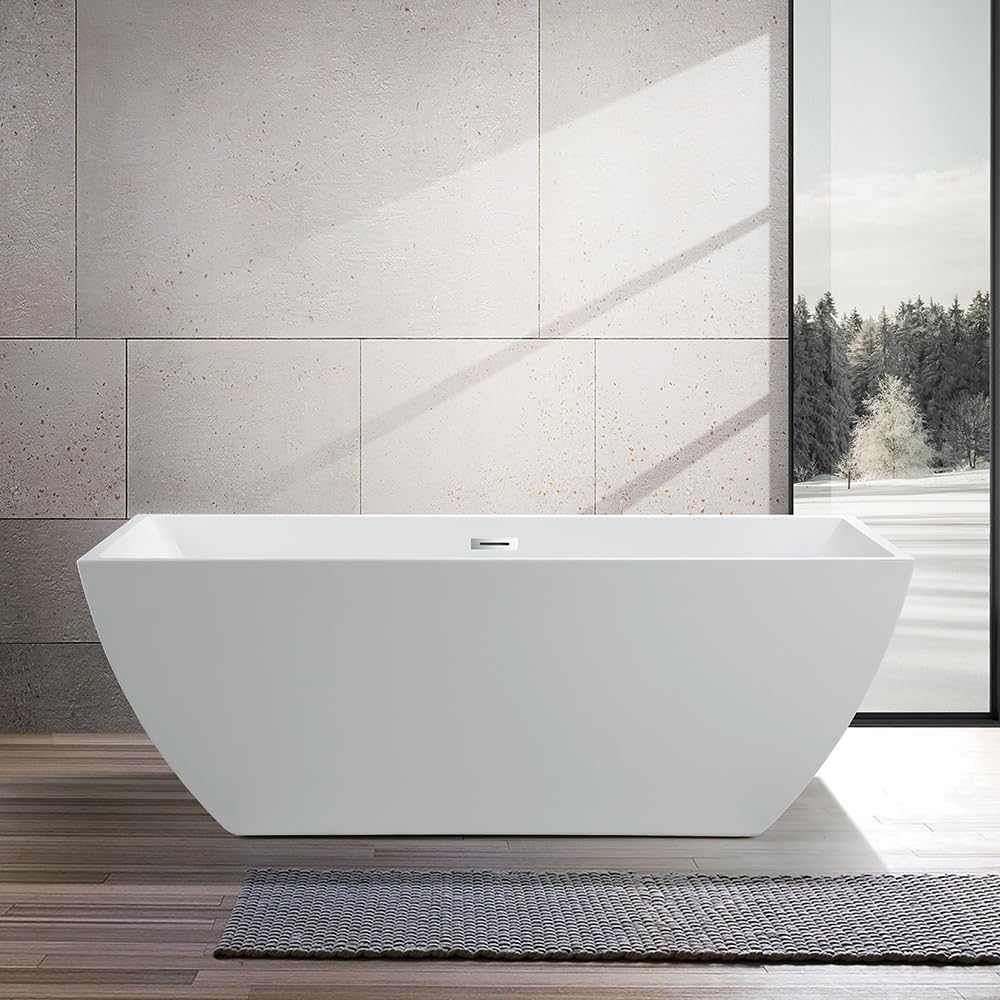 Vanity Art 59' Free Standing Tub Contemporary Design Acrylic Freestanding Bathtub Soaking Tub with Overflow and Pop-up Drain, UPC Certified