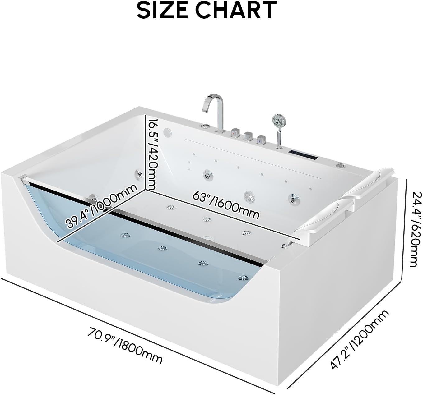 Homary 70.8' Whirlpool Bathtub with Thermostat Control, 2-Person Jetted Bathtub 3-Sided Apron Acrylic Soaking Tub with Jets, Lighted, Heater & Chromatherapy for Home Spa