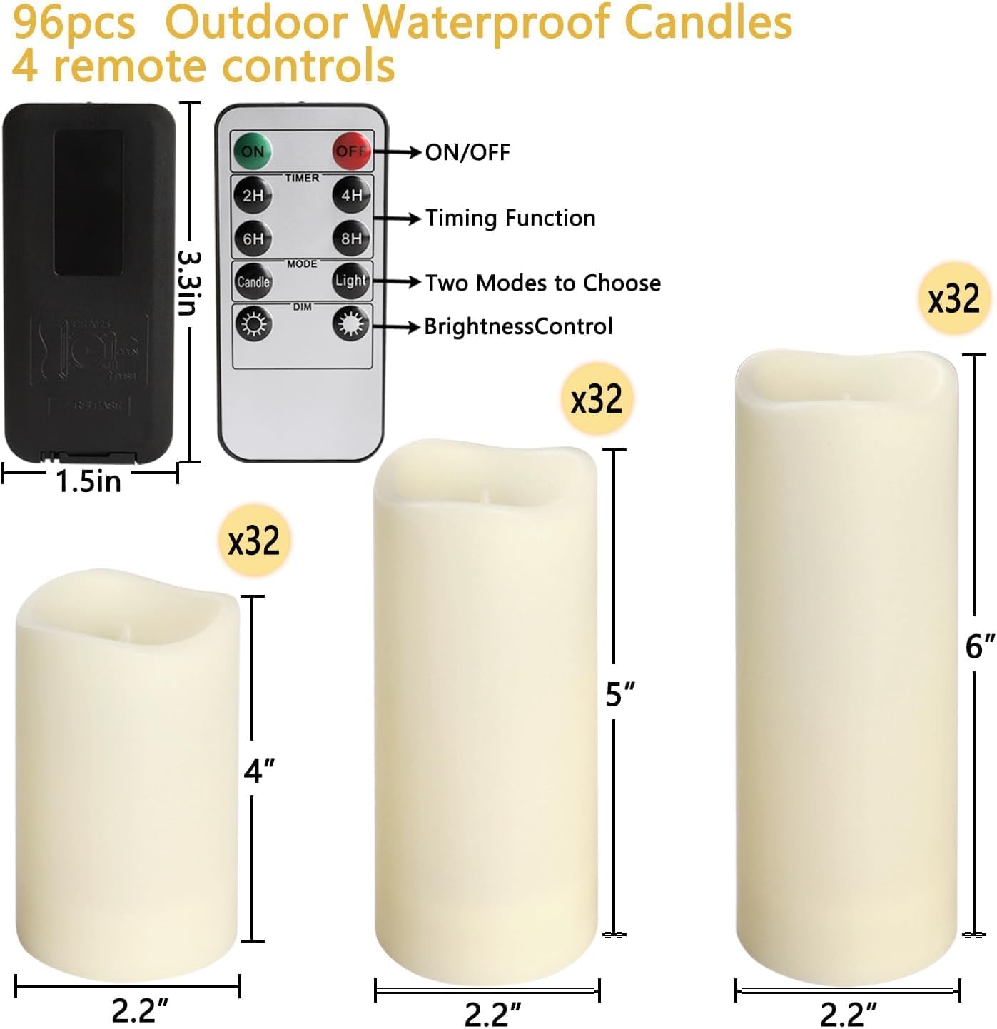 YOROXRG Set of 96 Waterproof Outdoor Flameless Candles, LED Candles with 4 Remote and Timer,(H 4' 5' 6' x D 2.2'),for Halloween Wedding Festival