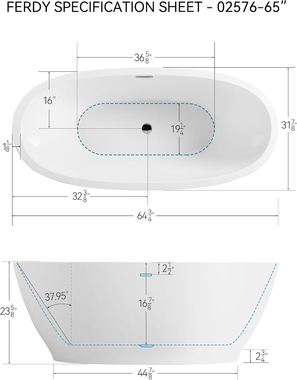 FerdY 65' Acrylic Freestanding Bathtub, Oval Contemporary Soaking Bathtub, Glossy White, cUPC Certified, Toe-Tap Chrome Drain & Overflow Assembly Included