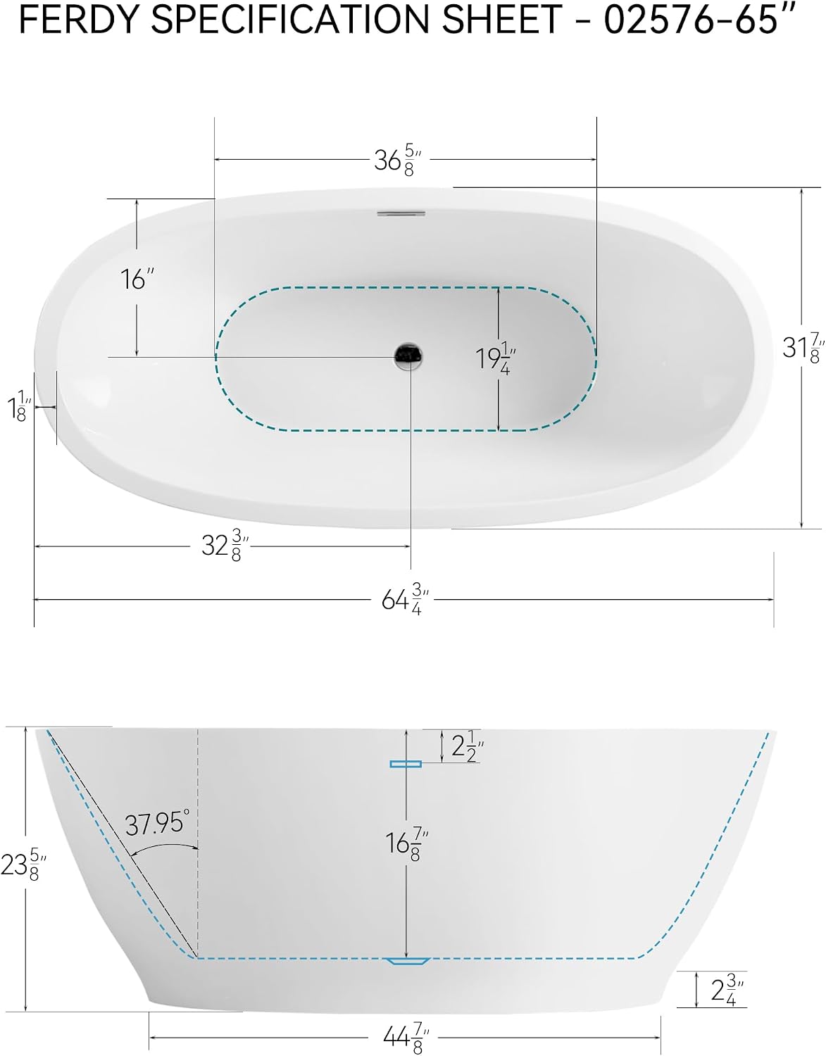 FerdY 65' Acrylic Freestanding Bathtub, Oval Contemporary Soaking Bathtub, Glossy White, cUPC Certified, Toe-Tap Chrome Drain & Overflow Assembly Included