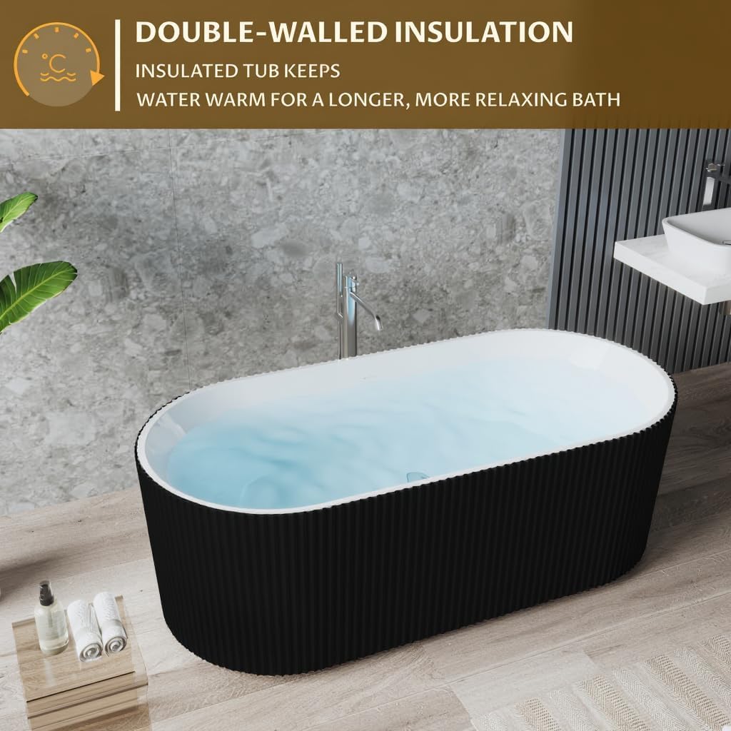 67' Acrylic Freestanding Bathtub, Modern Acrylic Soaking Bathtub, Freestanding Rectangular Tub with Matte Drain and Overflow, Ergonomic Deep Design, Double-Walled Insulation, CUPC Certified