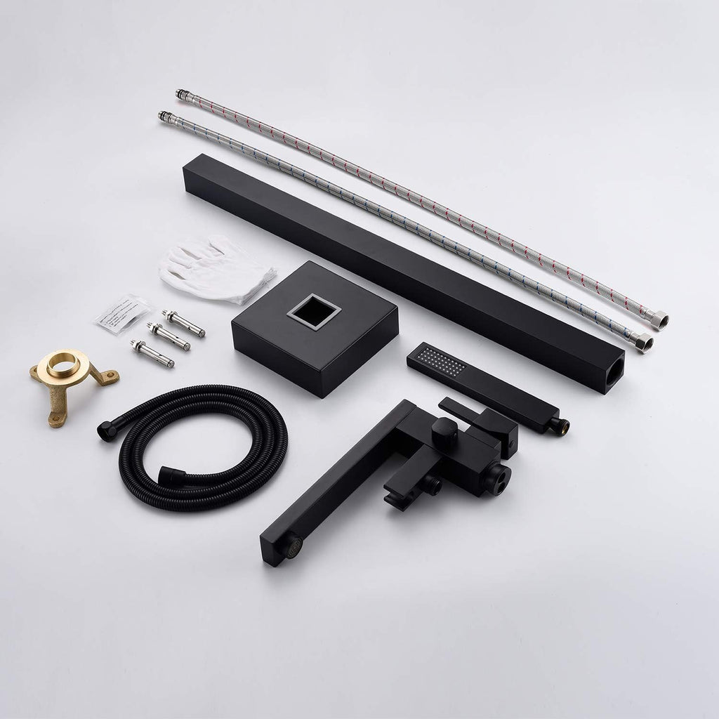 Wowkk Freestanding Bathtub Faucet Tub Filler Black Floor Mount Bathroom Faucets Brass Single Handle with Hand Shower