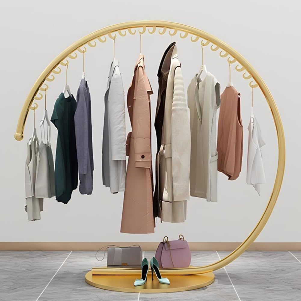 Metal Garment Rack with Stable Base, Clothing Rack, Freestanding Heavy Duty Clothing Rack, Portable Round C-Style Rack, Strong Bearing Capacity, for Retail Home Clothing Store(120x130cm)