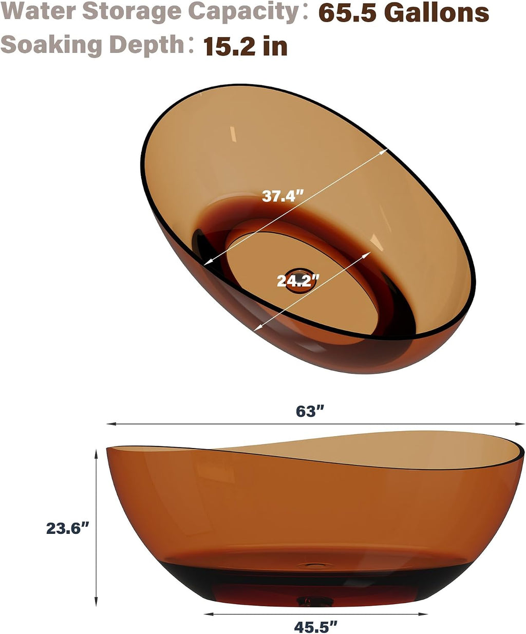 CASAINC 63' Freestanding Bathtub Transparent Resin Soaking Tub Modern Oval Design Stand Alone Tub with Pop-up Drain, 65.52 Gallons Water Storage Capacity and 385 MM Soaking Depth, Transparent Coffee