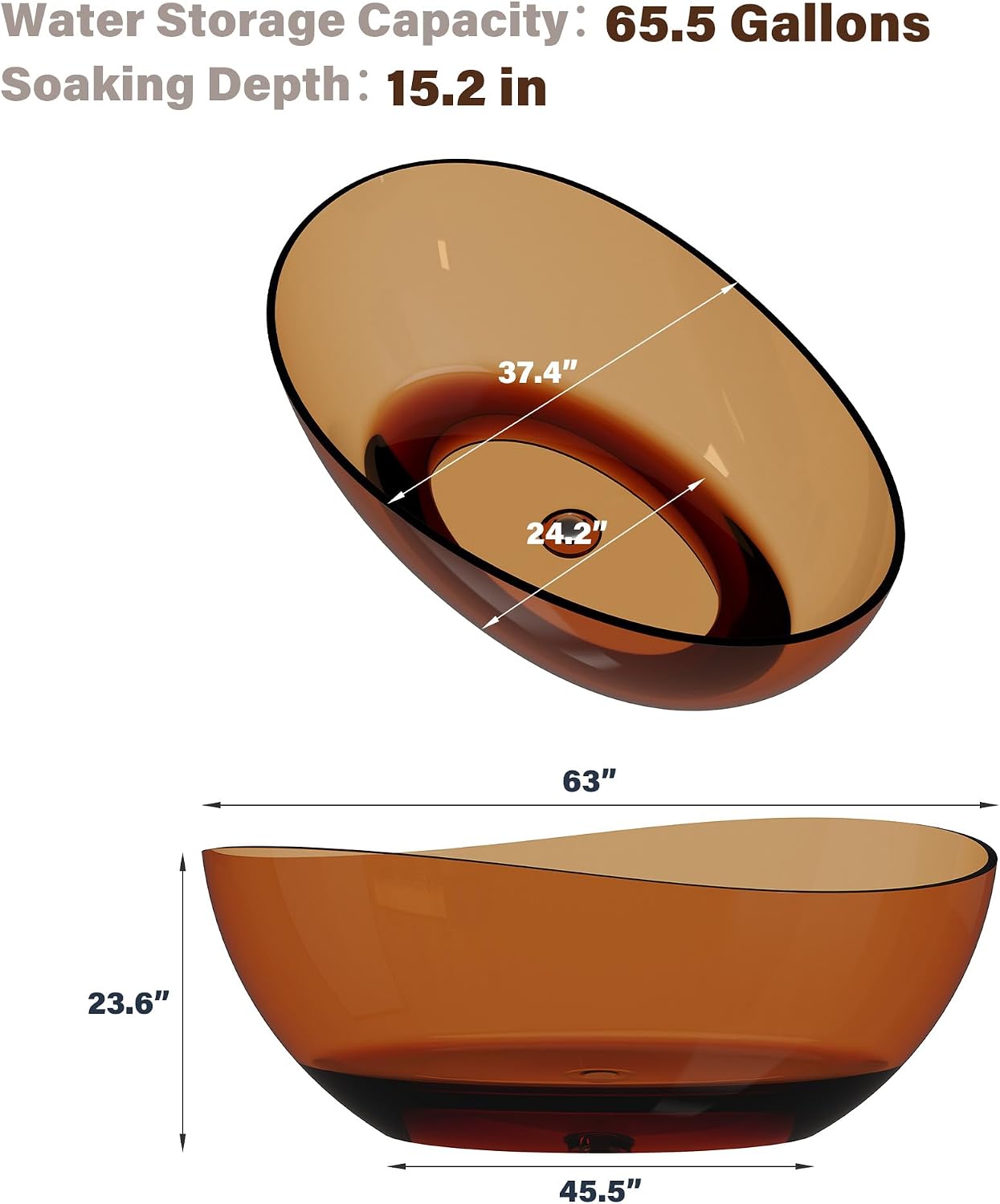 CASAINC 63' Freestanding Bathtub Transparent Resin Soaking Tub Modern Oval Design Stand Alone Tub with Pop-up Drain, 65.52 Gallons Water Storage Capacity and 385 MM Soaking Depth, Transparent Coffee