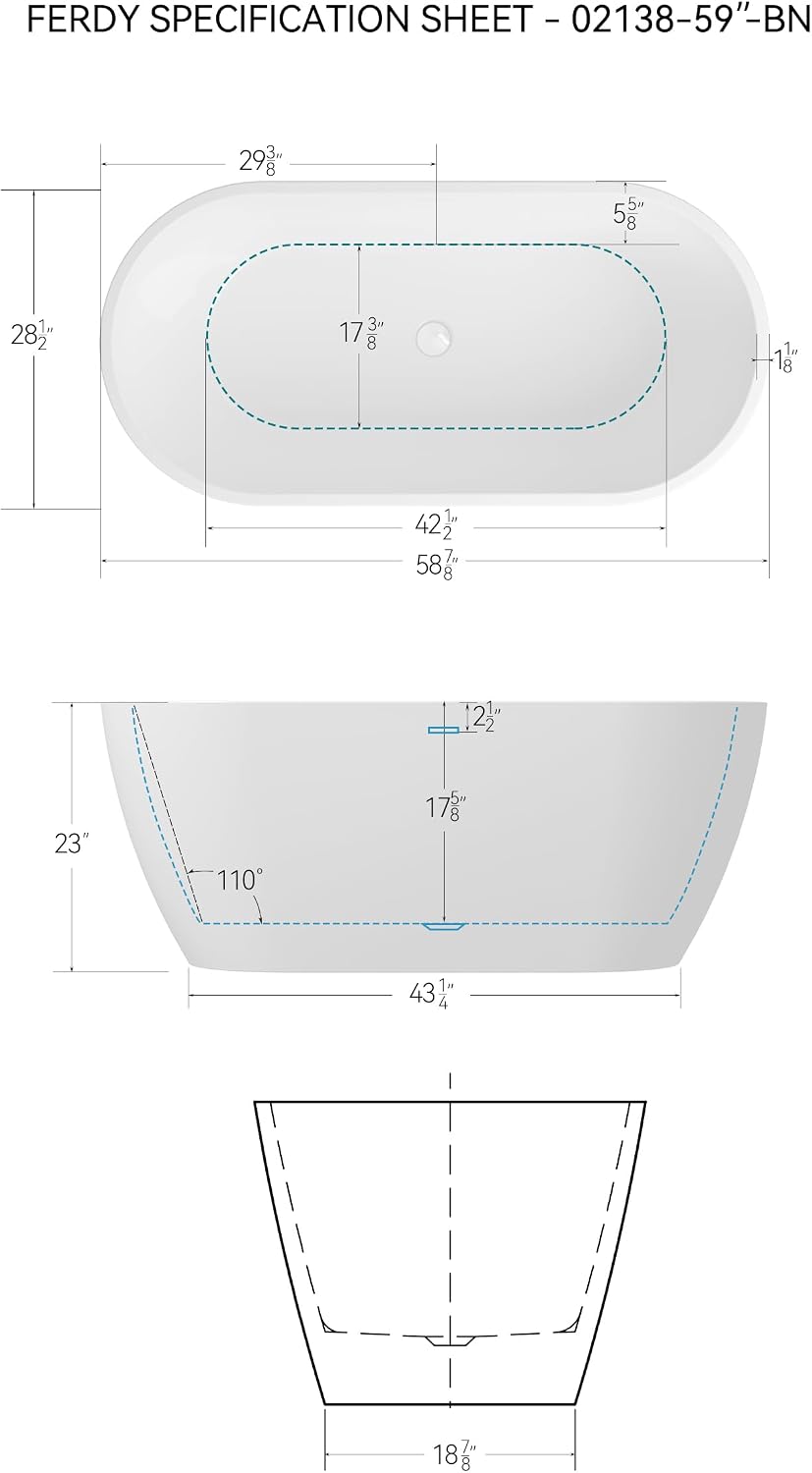 FerdY 59' Bali Elite Acrylic Freestanding Bathtub, Gracefully Shaped Freestanding Soaking Bathtub, cUPC Certified, Toe-Tap White Drain& Bath Pillow for Bathtub,Thick Tub Pillows, Breathable 4D Air Mes