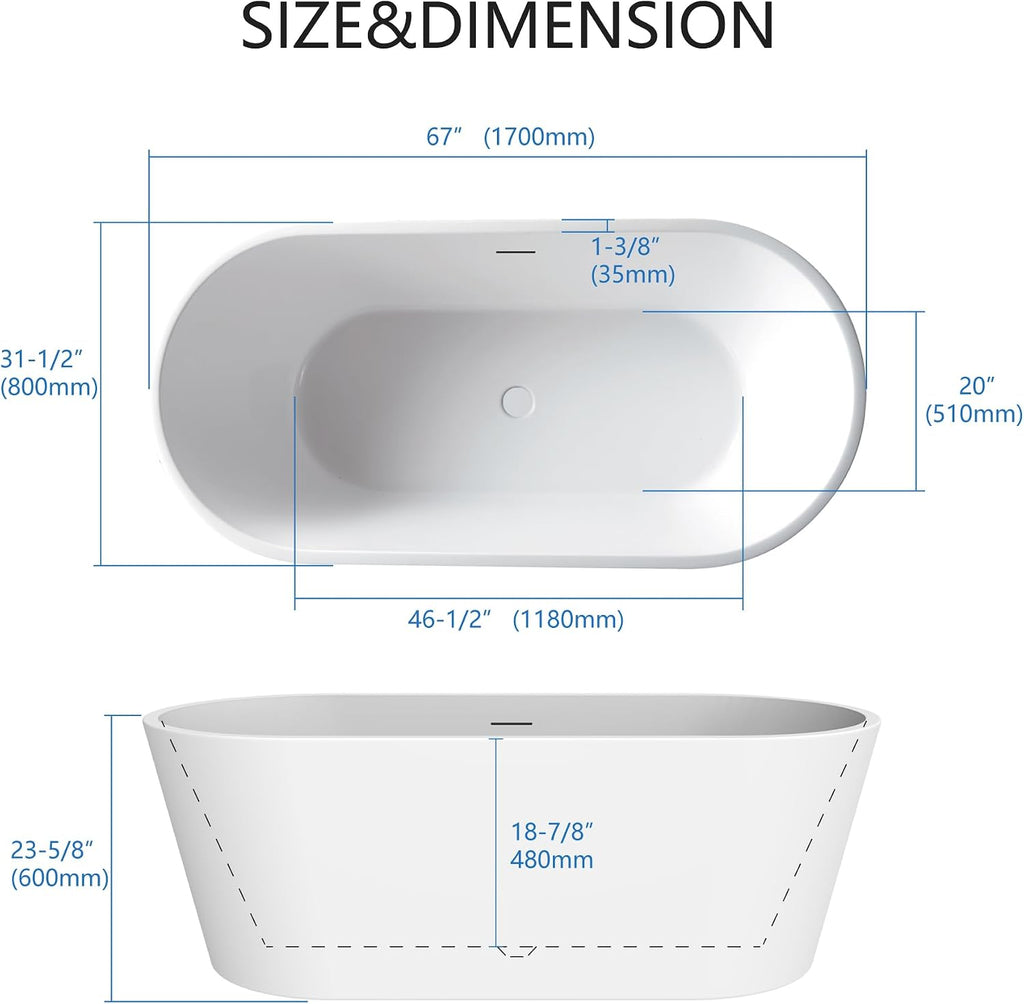 67' Acrylic Free Standing Tub, Stand Alone Tub, Freestanding Bathtub, Soaking Bathtub, cUPC Certified, SW(Glossy White)