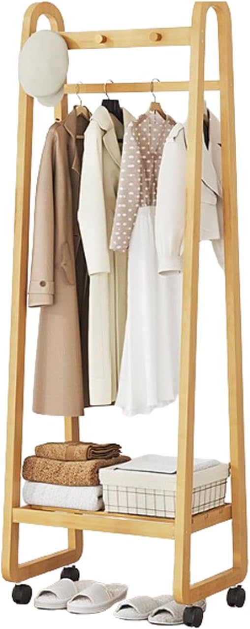 Bamboo Clothes Rack Freestanding Coat Rack Stand Portable Clothing Rack w/Storage Shelf and Hanging Rod Rolling Garment Rack w/Wheels for Entryway