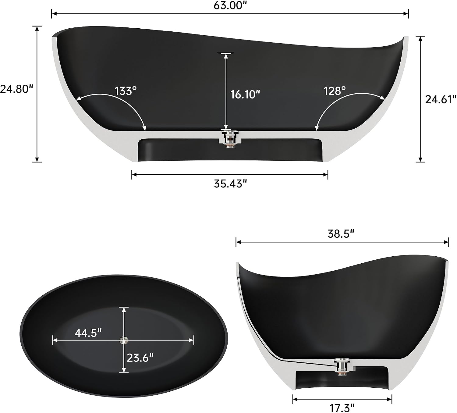 63' Premium Solid Surface Freestanding Bathtub, Contemporary Design Stand Alone Stone Resin Tub with Overflow and Pop-up Drain, Matte Black