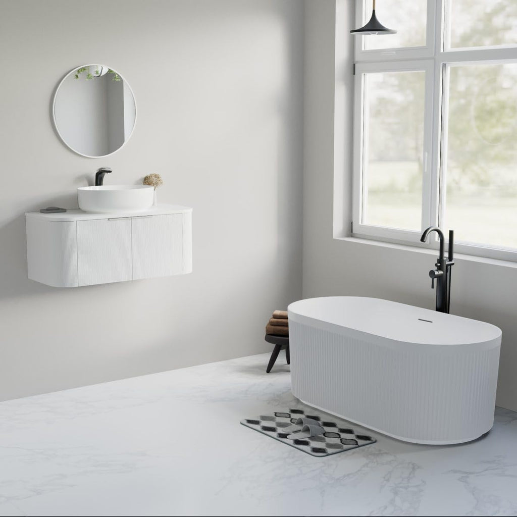 Dowell 59' x 30' Freestanding Bathtub, Acrylic Soaking Tubs, Fluted Design Oval Shape Bathtub W,Matte White-081 5930 01