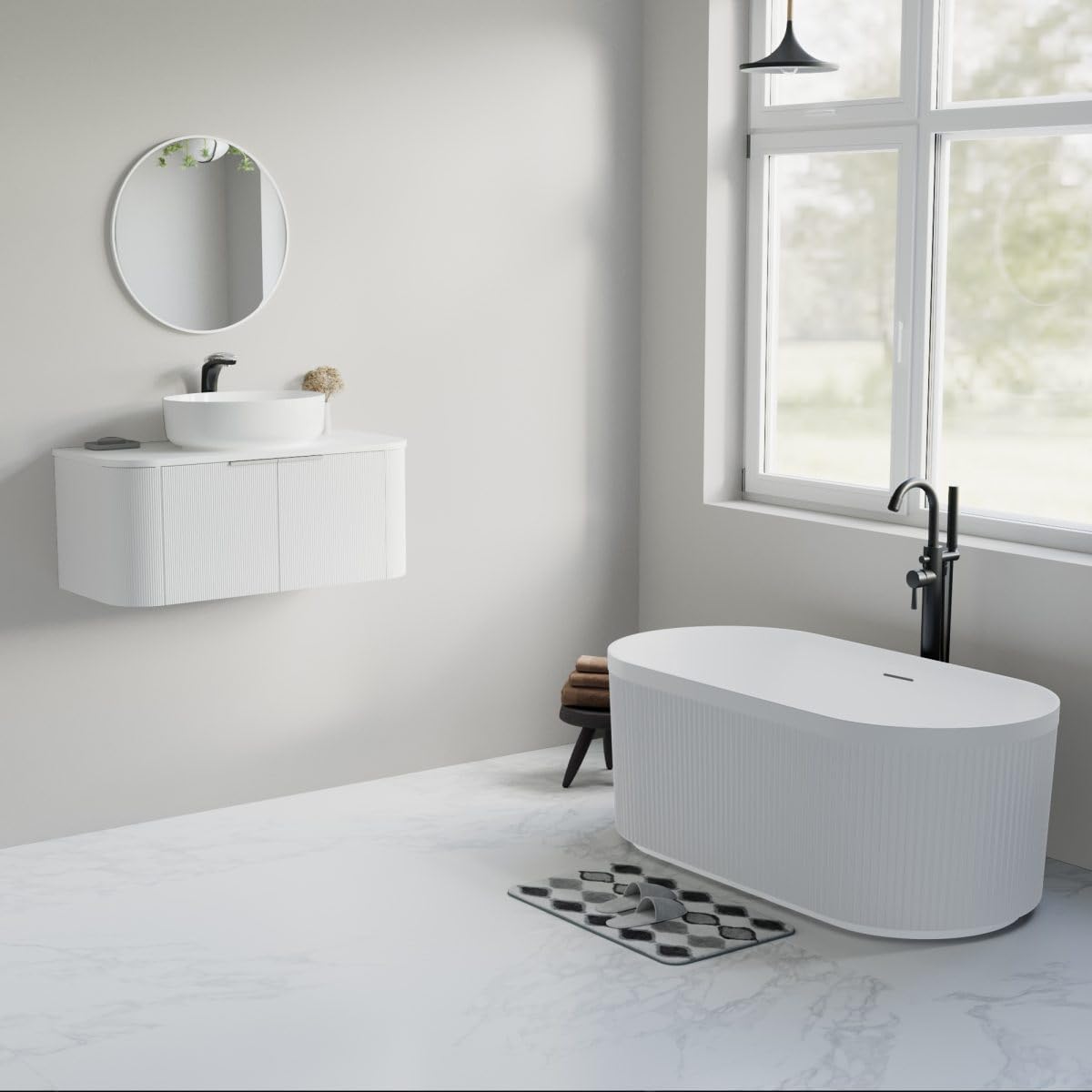 Dowell 59' x 30' Freestanding Bathtub, Acrylic Soaking Tubs, Fluted Design Oval Shape Bathtub W,Matte White-081 5930 01
