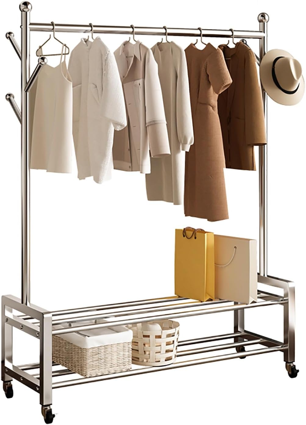 Heavy Duty Clothes Rack, Metal Garment Rack On Wheels, Rolling Portable Wardrobe Racks With Mesh Shelves For Hanging Clothes, Silver(150cm/59in)