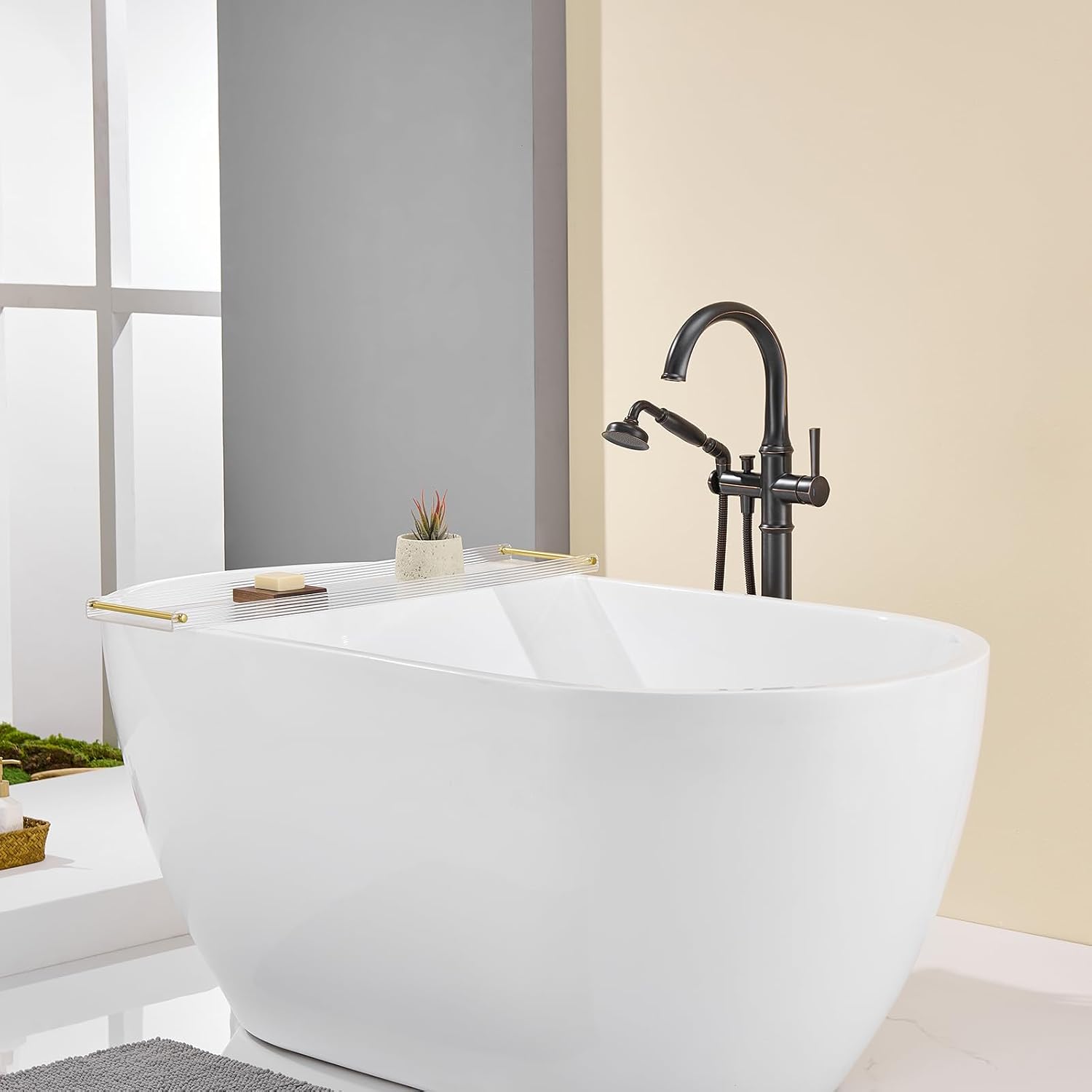 Wowkk Free Standing Tub Faucet Oil Rubbed Bronze Tub Filler Freestanding Bathtub Faucets Brass Tub Faucet with Hand Shower
