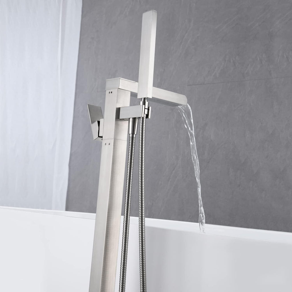 Wowkk Freestanding Bathtub Faucet Waterfall Tub Filler Brushed Nickel Floor Mount Brass Single Handle Bathroom Faucets with Hand Shower