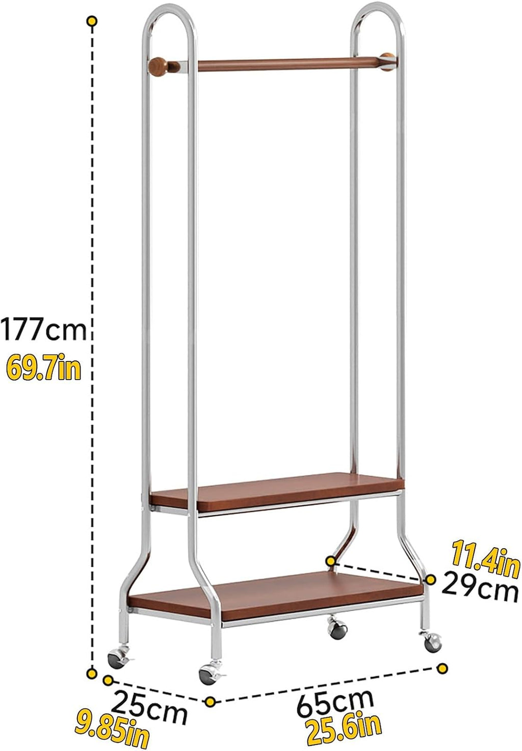 Clothes Rack With Wheels,Portable Rolling Garment Rack For Hanging Clothes,2-layer Shelf,Combination Of Stainless Steel And Solid Wood,Suitable For Entrance,Bedroom,Clothing Store(Walnut)