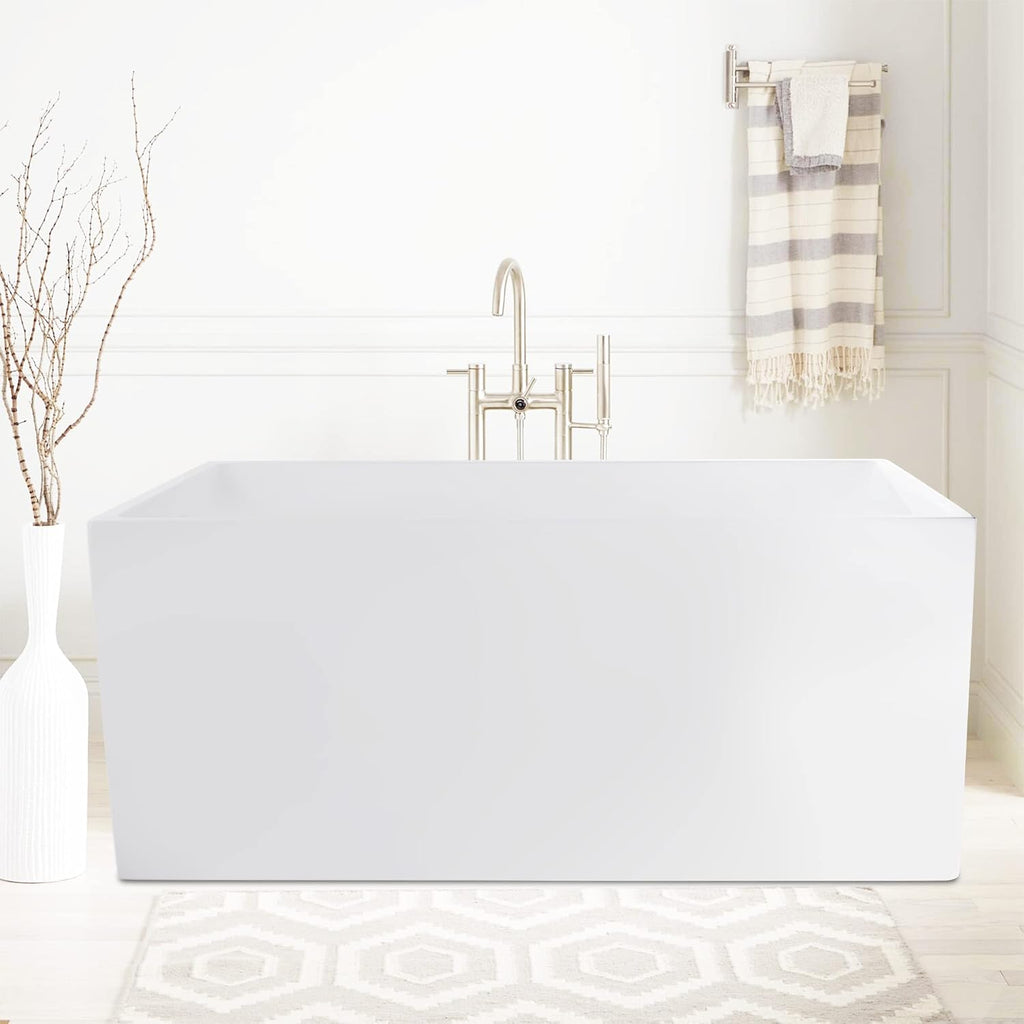 Vanity Art 55 x 29 Inch White Acrylic Freestanding Bathtub | Contemporary Design Soaking Tub with Pop-up Drain and Slotted Overflow Included, UPC Certified VA6816B-M-PW