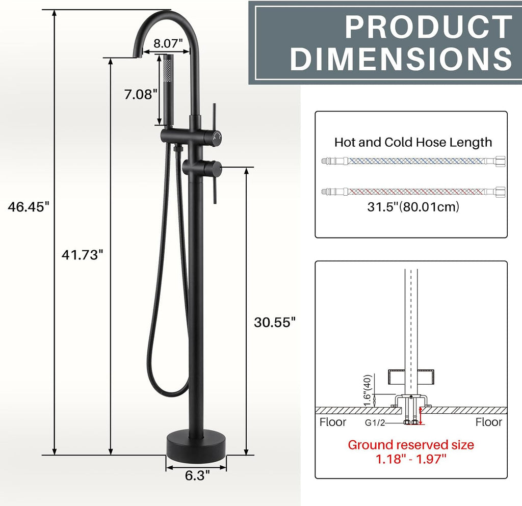 Freestanding Tub Filler Faucet, Floor Mount Matte Black Bathtub Faucet with Single Handheld Shower, Brass Shower Tub Faucet Set Complete, Bathtub Faucet with Shower