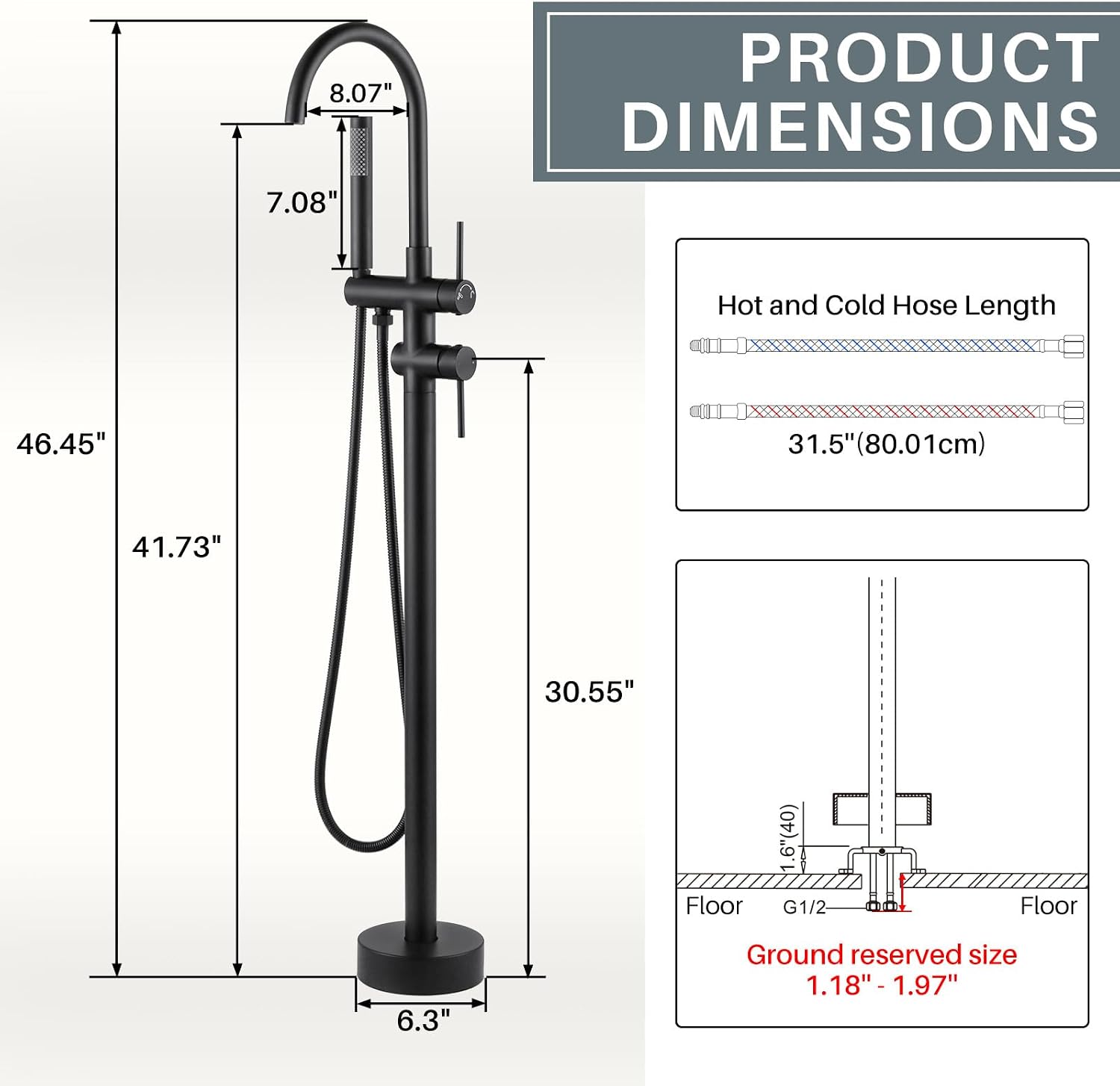 Freestanding Tub Filler Faucet, Floor Mount Matte Black Bathtub Faucet with Single Handheld Shower, Brass Shower Tub Faucet Set Complete, Bathtub Faucet with Shower