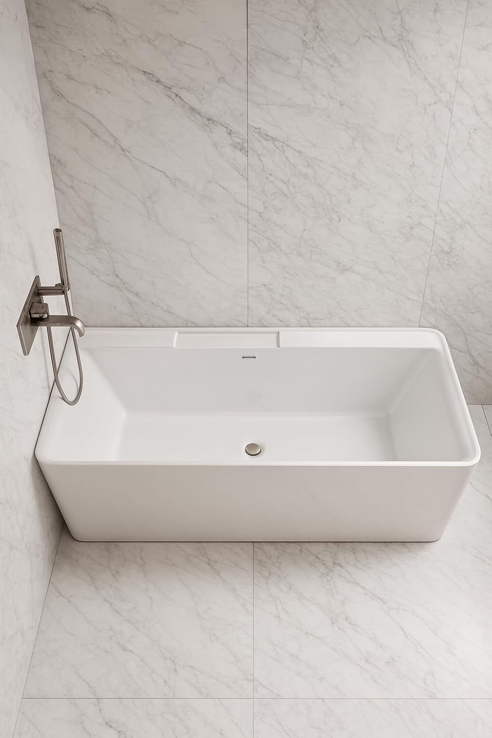 Carver Tubs - Kaskade 71' - Modern White Freestanding Soaking Bathtub - Modern Rectangle Acrylic Tub With Chrome Drain and Center Slotted Overflow Included - Deep Relaxing Soak - 71″L x32'W x 23'H