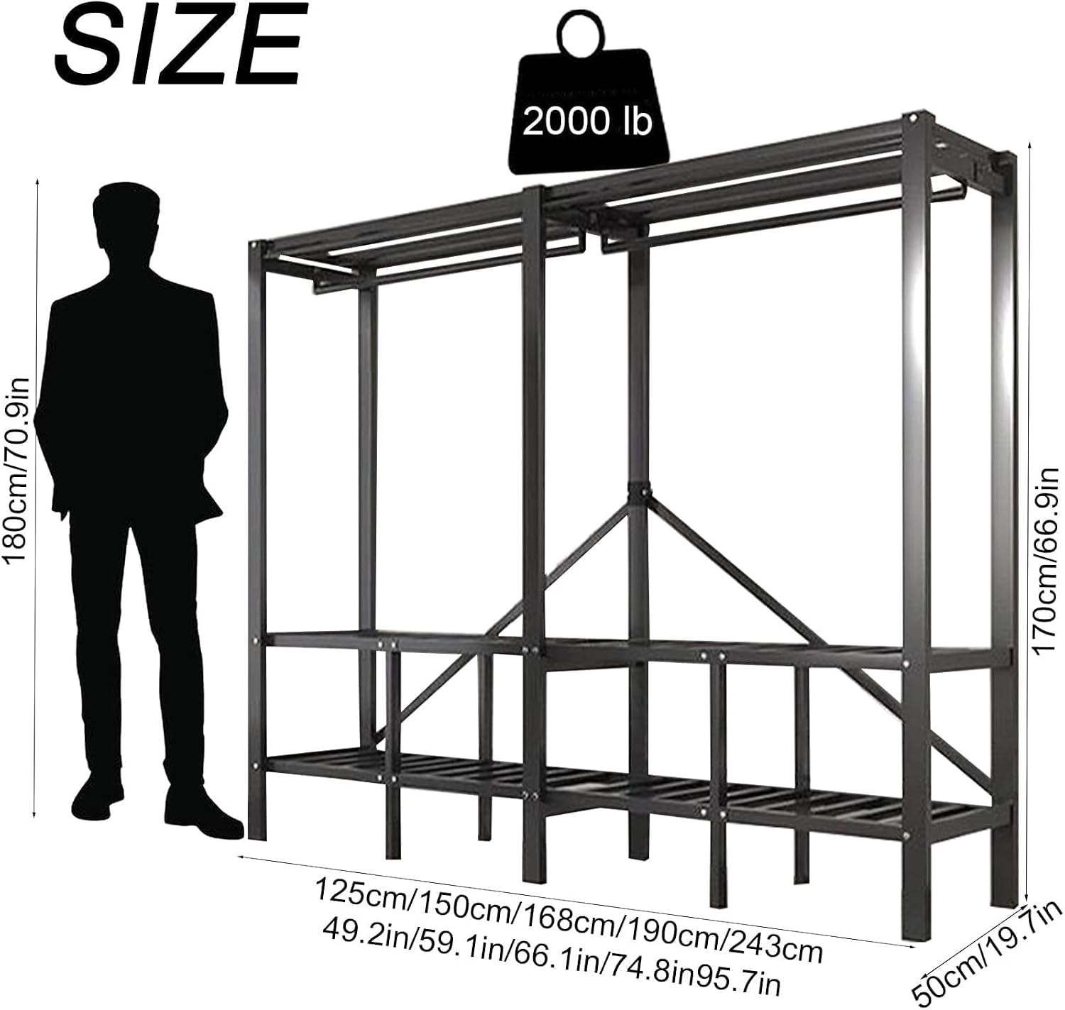 Heavy Duty Garment Shelf with Fabric Cover, Portable Foldable Wardrobe Closet Rack, Freestanding Armoires Clothes Storage Organizer Shelves with 2 Hanging Rods, Load 2000 Lbs(168cm/66.1in)