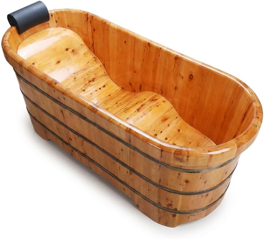 55 In Cedar Wood Bathtub for Adults, Wave-Base Water-Saving Wooden Bath Tub, Eco-Friendly Solid Wood Bath Barrel, Premium Sauna Wood Bath Tub for Home and Commercial Use