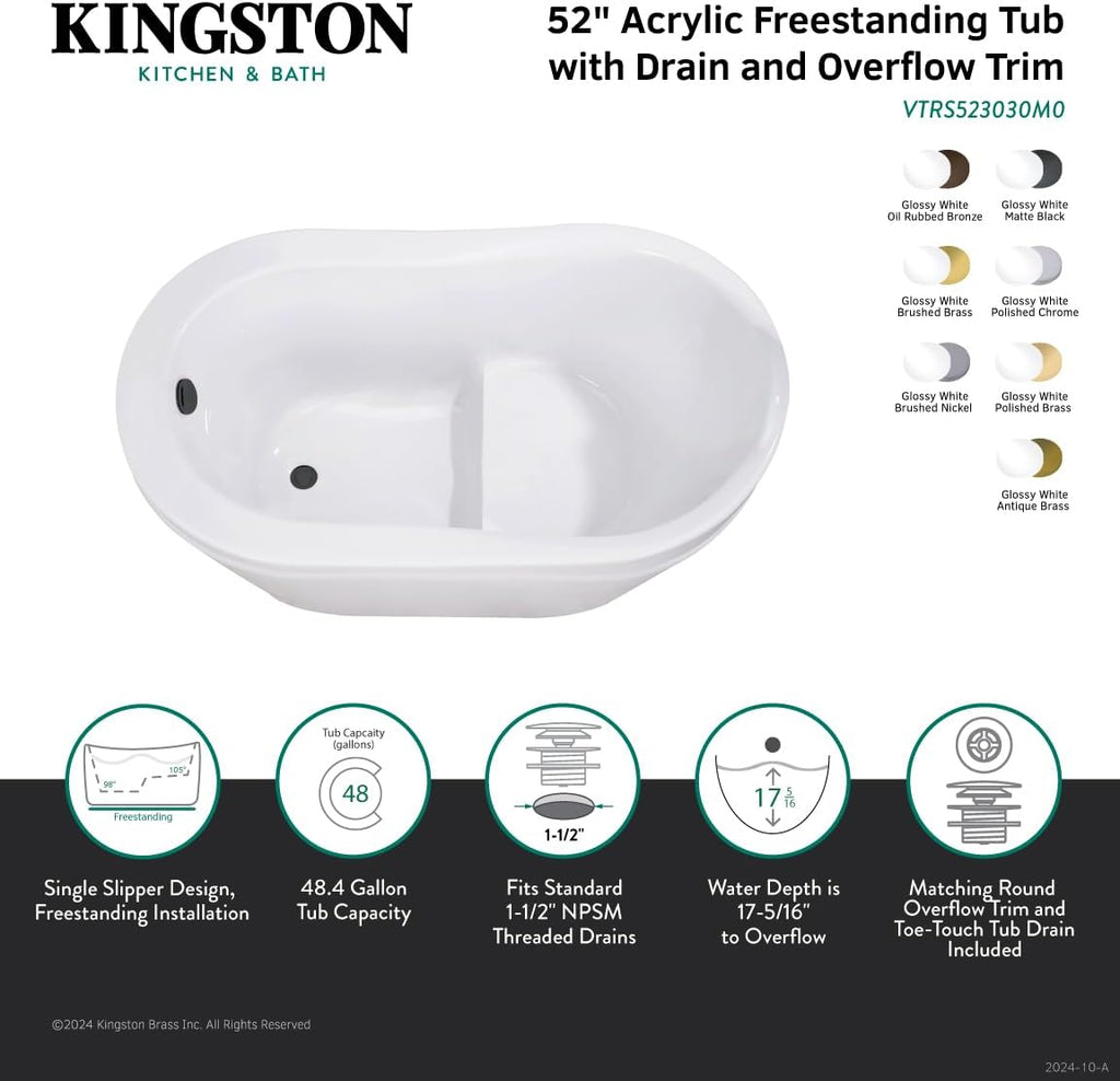Kingston Brass VTRS523030M8 52' Acrylic Oval Single Slipper Freestanding Tub with Overflow/Drain Assembly and Integral Seat, Glossy White/Brushed Nickel