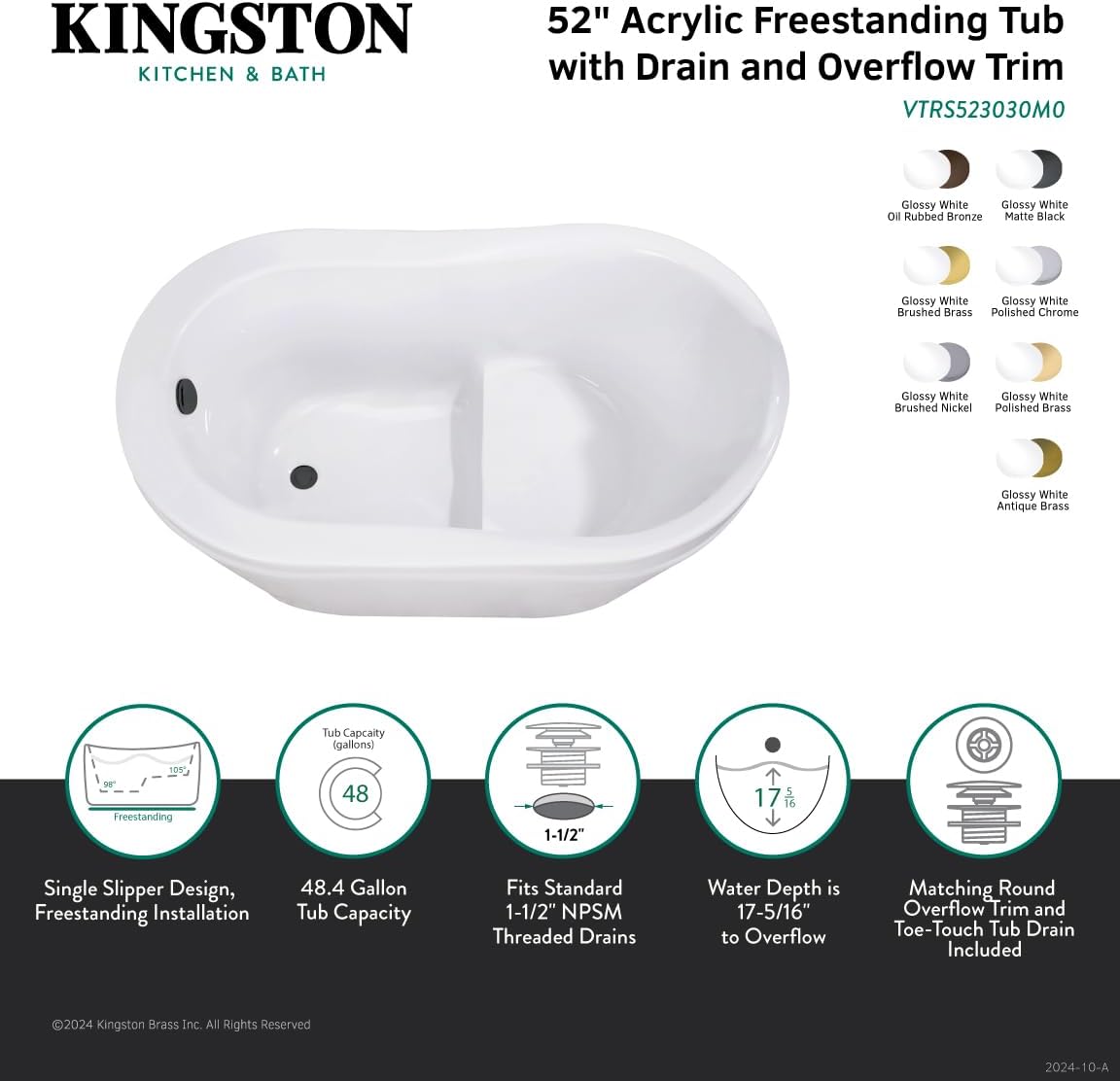 Kingston Brass VTRS523030M8 52' Acrylic Oval Single Slipper Freestanding Tub with Overflow/Drain Assembly and Integral Seat, Glossy White/Brushed Nickel