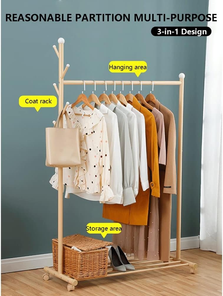 Single Rod Clothes Rack Small Rolling Clothing Garment Rack with Shelves for Hanging Clothes Heavy Duty Metal Wardrobe Rack Bedroom Storage Organizer Shelf (Pink-86X43X170cm