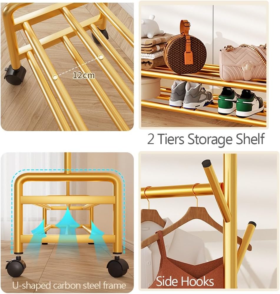 Narrow Clothes Garment Rack with Wheels, Rolling Clothes Organizer with Side Hooks and 2-Tier Storage Shelves, Clothing Rail for Bedroom, Laundry Room, Living Room, Gold