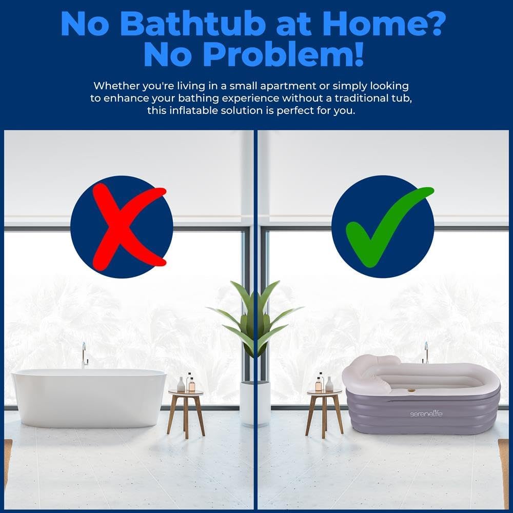 SereneLife Inflatable Bathtub with Bubble Massage Mat, Non-Slip, Backrest Support, Includes Pillow, Cup Holder, Remote Control, Easy Storage, PVC Material, Supporting Up To 345 lbs., ‎66'x30'x26'