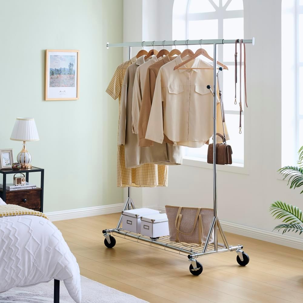 Heavy Duty Clothes Rack Load 600 LBS, Metal Garment Rack, Standing Rolling Clothes racks for Hanging Clothes with Sturdy Wheels & Shelves, Portable Closet Wardrobe Rack,Sliver (Silver)