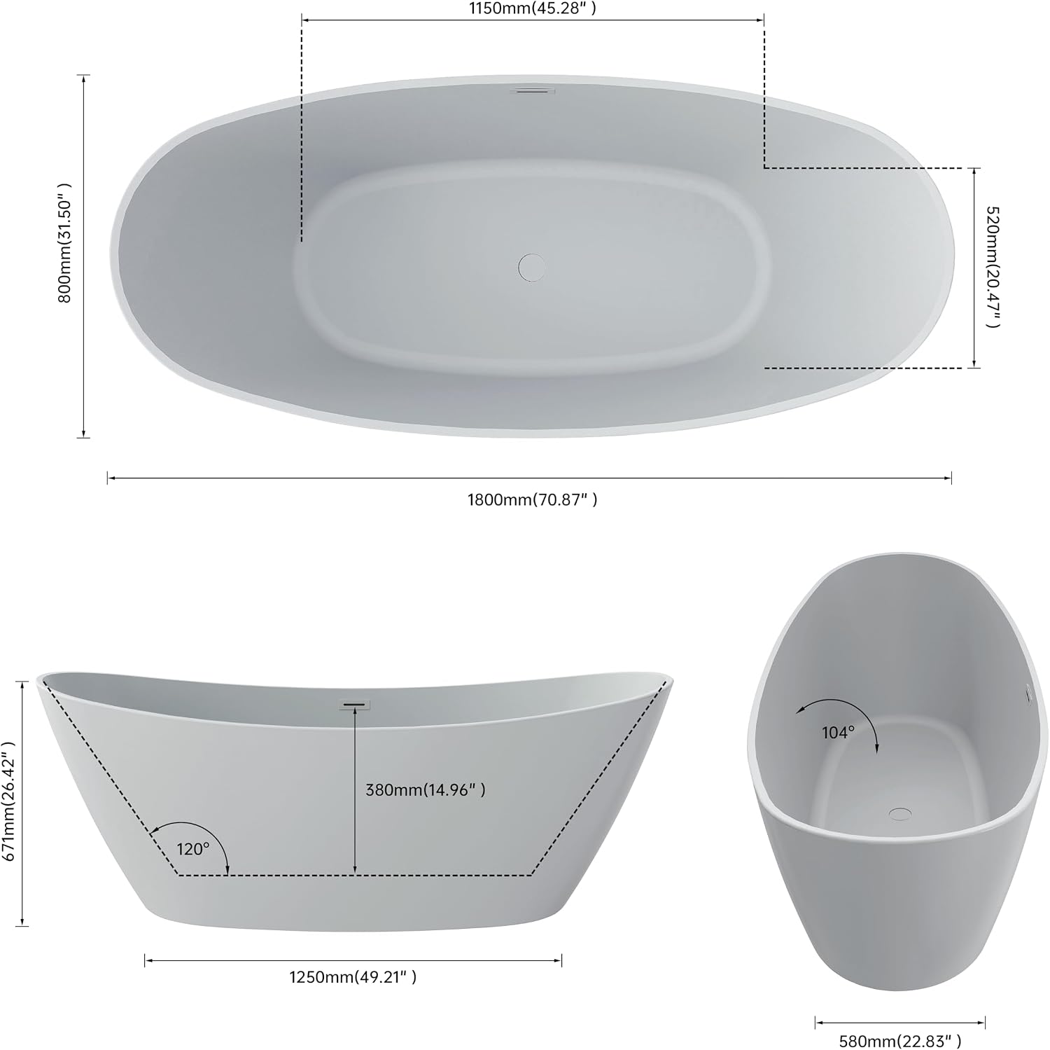 71' Acrylic Freestanding Bathtub, High-back Soaking Tub for Bathroom, Stand Alone Tub, cUPC Certified, Integrated Overflow and Drain, Gloss Grey