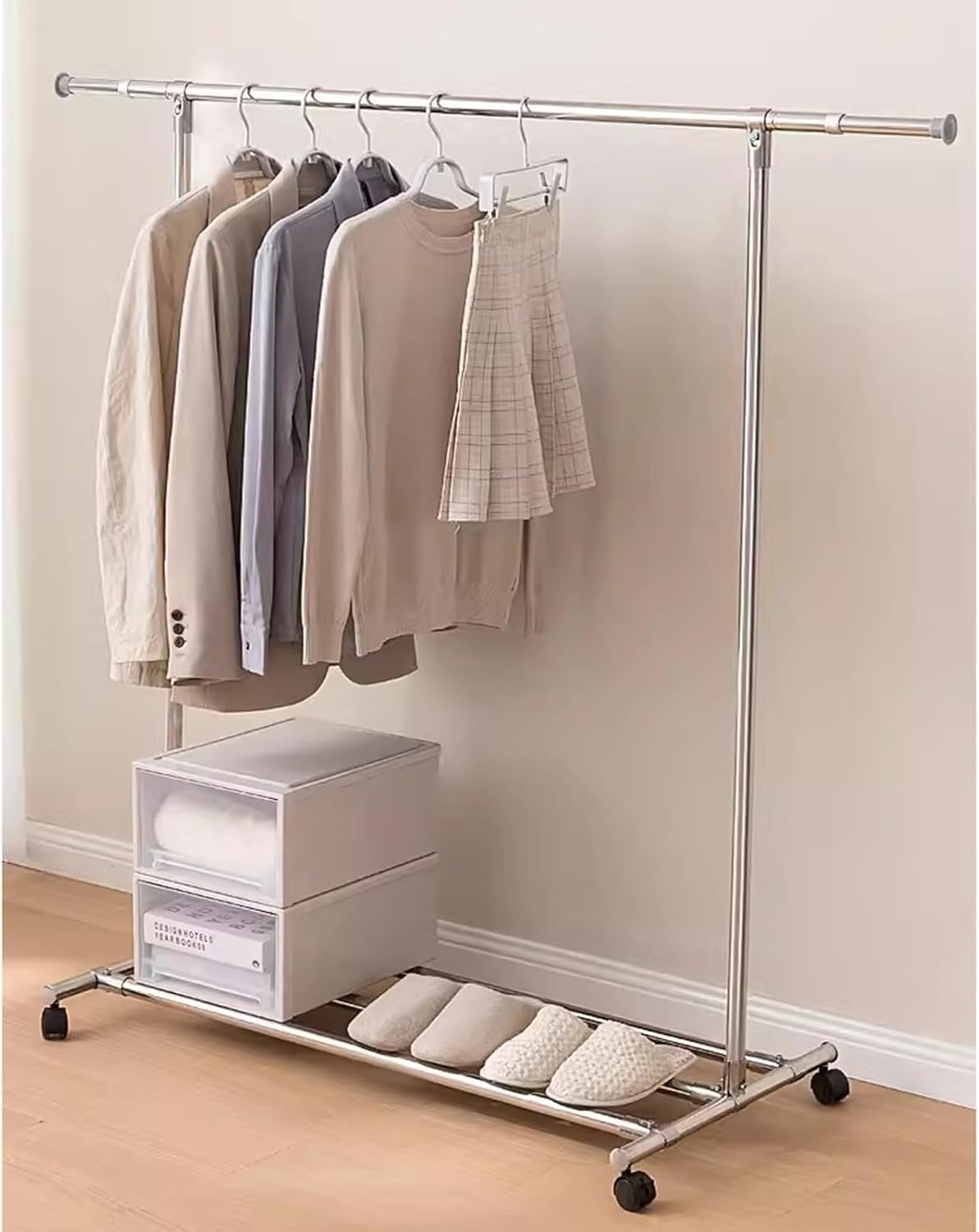 Heavy Duty Coat Rack, Garment Rack Silver Stainless Steel Clothes Rail On Wheels, Extendable Hanging Rod Clothing Rack with Shelves, Rolling Clothes Organizer for Bedroom
