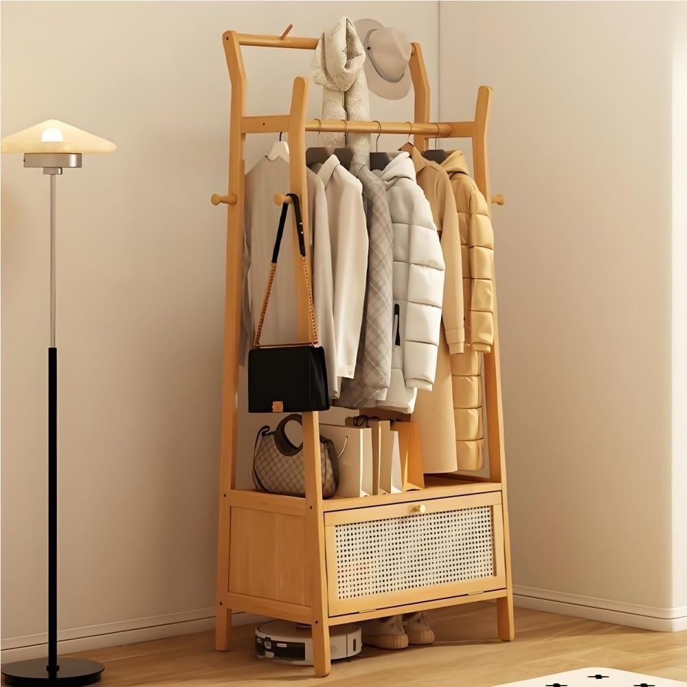 Heavy Duty Coat Rack Stand with Storage Drawers, Bamboo Clothing Rack with Double Hanging Rods and Bottom Shelf, Freestanding Garment Rail for Bedroom Living Room Entryway(Khaki,70cm/27.6in)