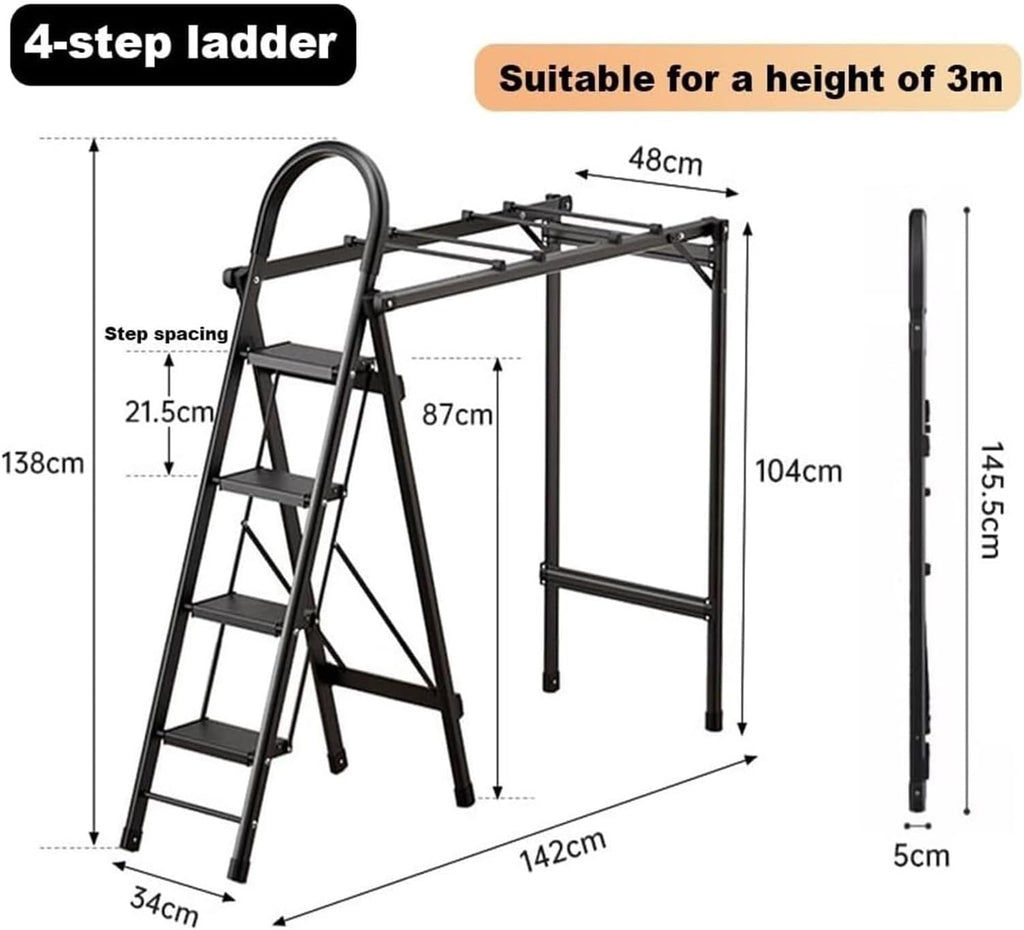 Foldable Drying Racks Garment Racks Free Standing Clothes Rack with Ladder Stretchable Metal Clothing Rack with Double Rod and Tool Tray for Dorm Bedroom Home Balcony(Gold)