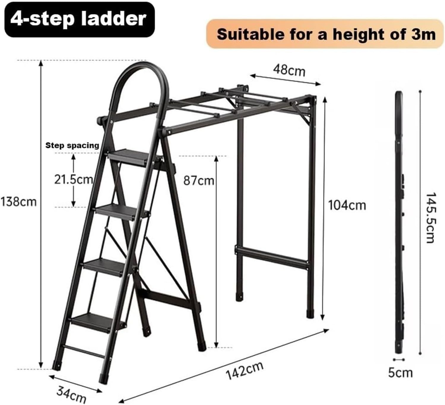 Foldable Drying Racks Garment Racks Free Standing Clothes Rack with Ladder Stretchable Metal Clothing Rack with Double Rod and Tool Tray for Dorm Bedroom Home Balcony(Black)