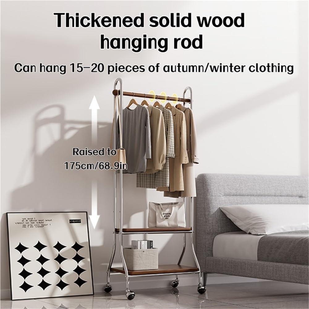 Metal Coat Rack with 2 Shelves Storage, Modern Solid Wood Hanging Rod Clothes Rack, Movable Freestanding Garment Rack for Entryway, Bedroom or Living Room(Black)