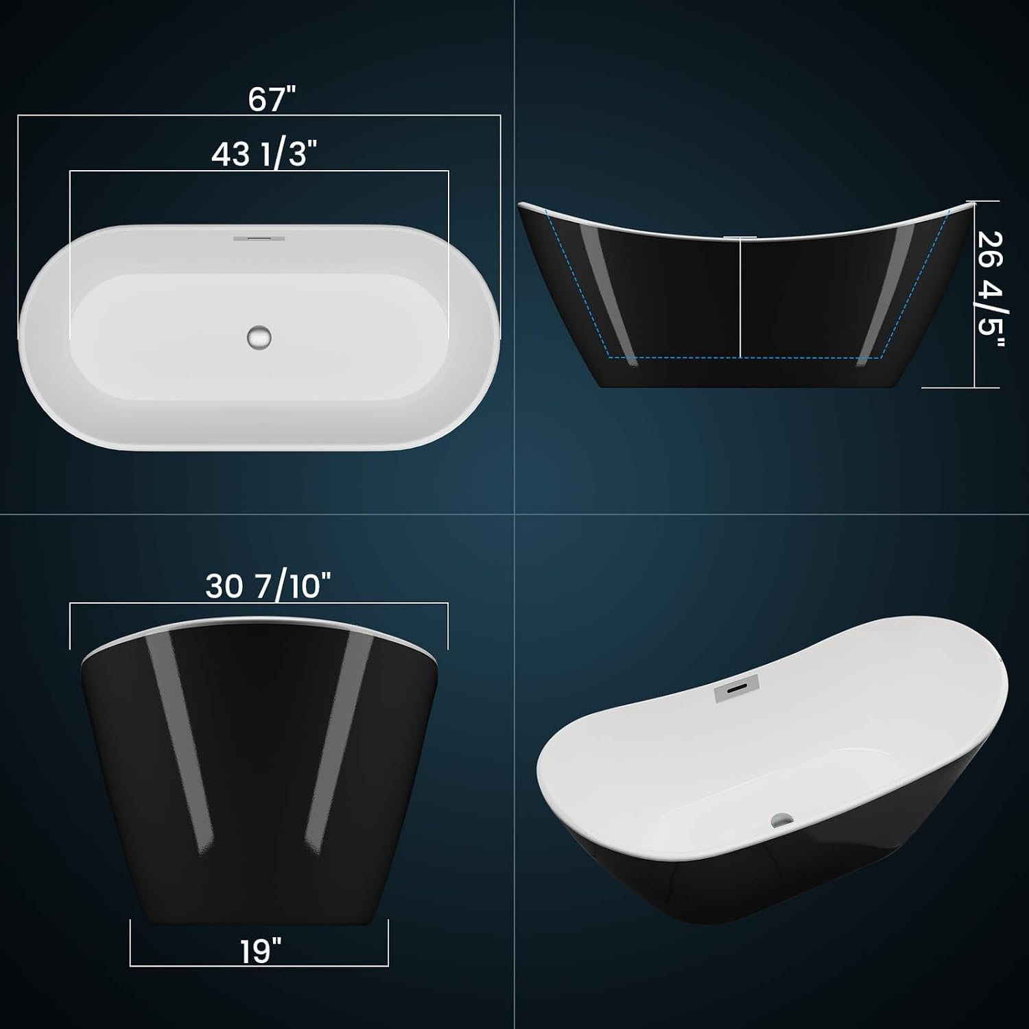 GarveeLife 59 Inch Freestanding Bathtub, Black and White Soaking Tub, Modern Acrylic Standalone Soaker with Matte Black Overflow & Pop-Up Drain, Two-Tone Finish