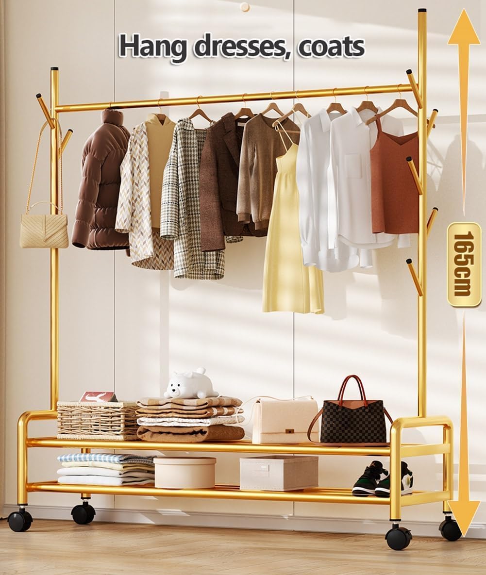 Gold Narrow Clothes Garment Rack with Wheels Rolling Organizer with Side Hooks & 2-Tier Storage Shelves Stylish Clothing Rail for Bedroom, Laundry Room, or Living Room(Size:120x30x165cm)