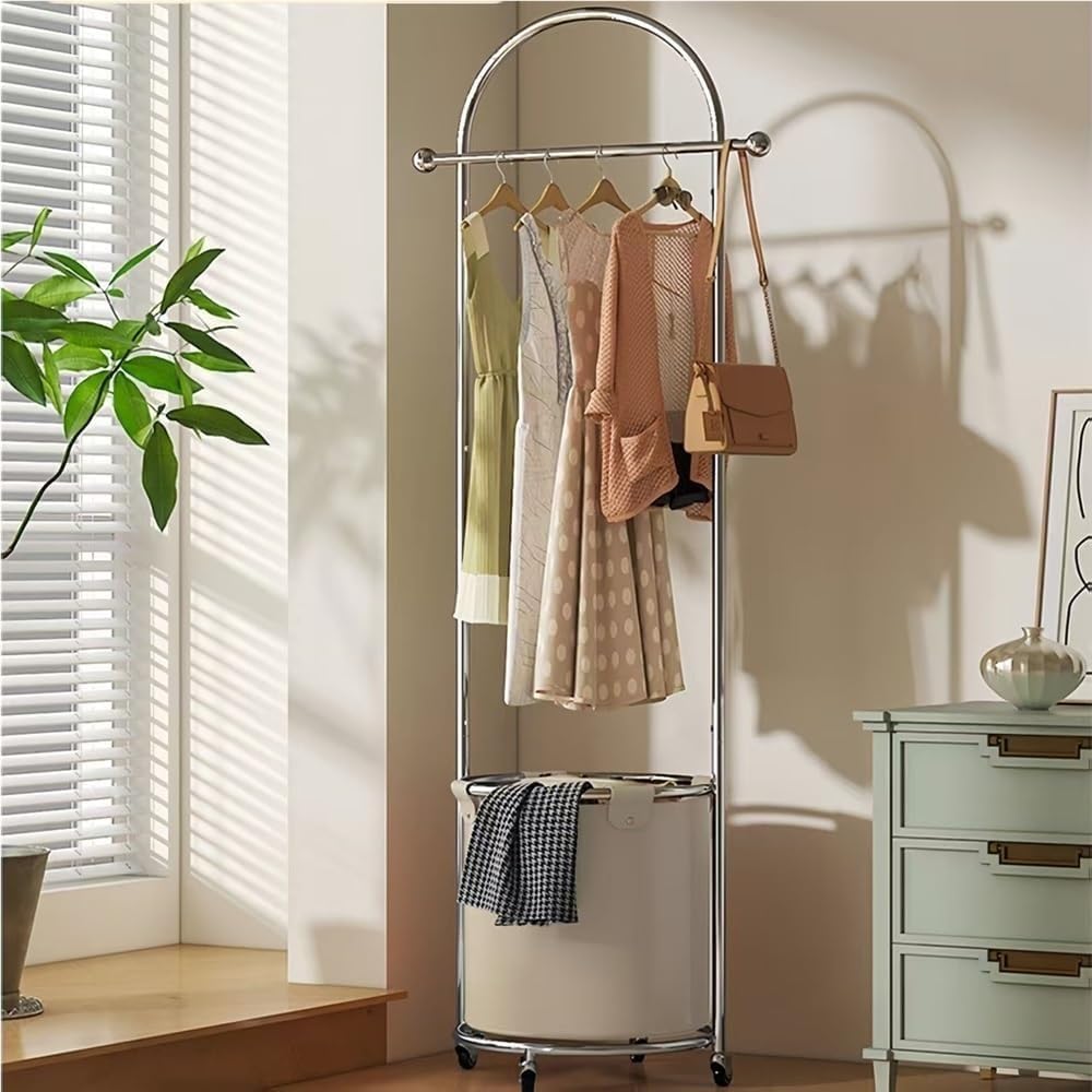 Rolling Steel Garment Rack with Bottom Basket Freestanding Clothes Organizer with Wheels for Entryway & Small Spaces Long-Lasting(White)