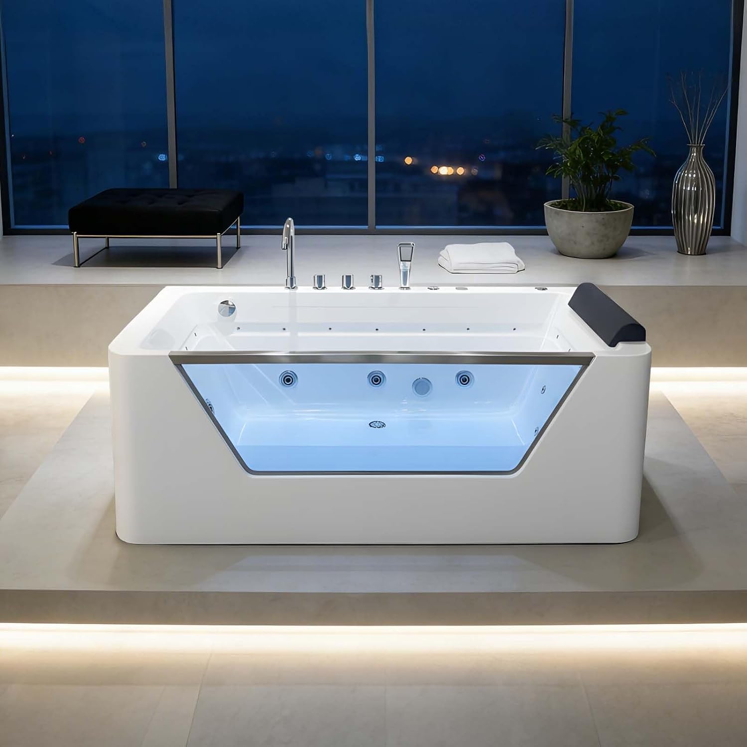 67' Freestanding Soaking Tub, Hydrotherapy Whirlpool Bathtub with Glass Panel, 7 Jets for Muscle Relief, 89 Gallon Acrylic Spa, White