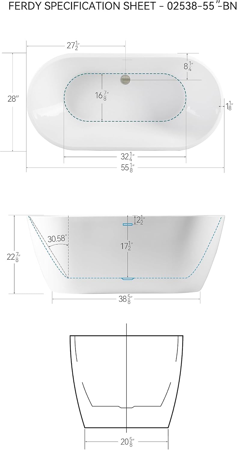 FerdY 55' Acrylic Freestanding Bathtub, Contemporary Soaking tub with Brushed Nickel Drain & Overflow, cUPC Certified, Elegant Oval Shape, Bali