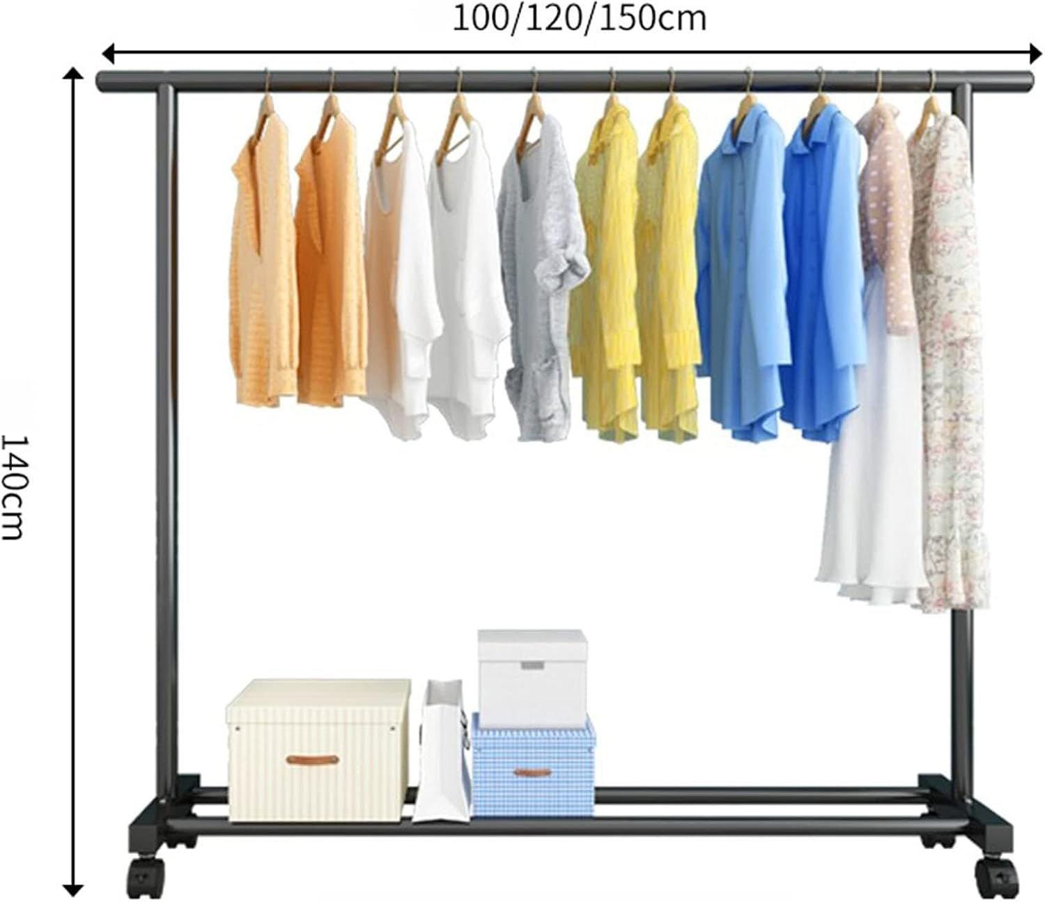 Heavy Duty Black Metal Clothing Rack with Wheels, Freestanding Garment Rail & Lower Shoe Storage Shelf 120x35x140cm