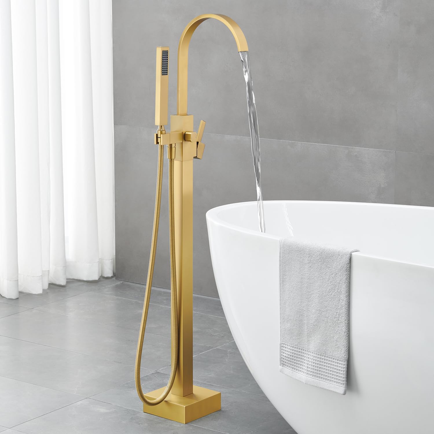 Freestanding Bathtub Faucet Floor Mount Tub Filler Brushed Gold Brass Bathroom Faucets Single Handle with Hand Shower