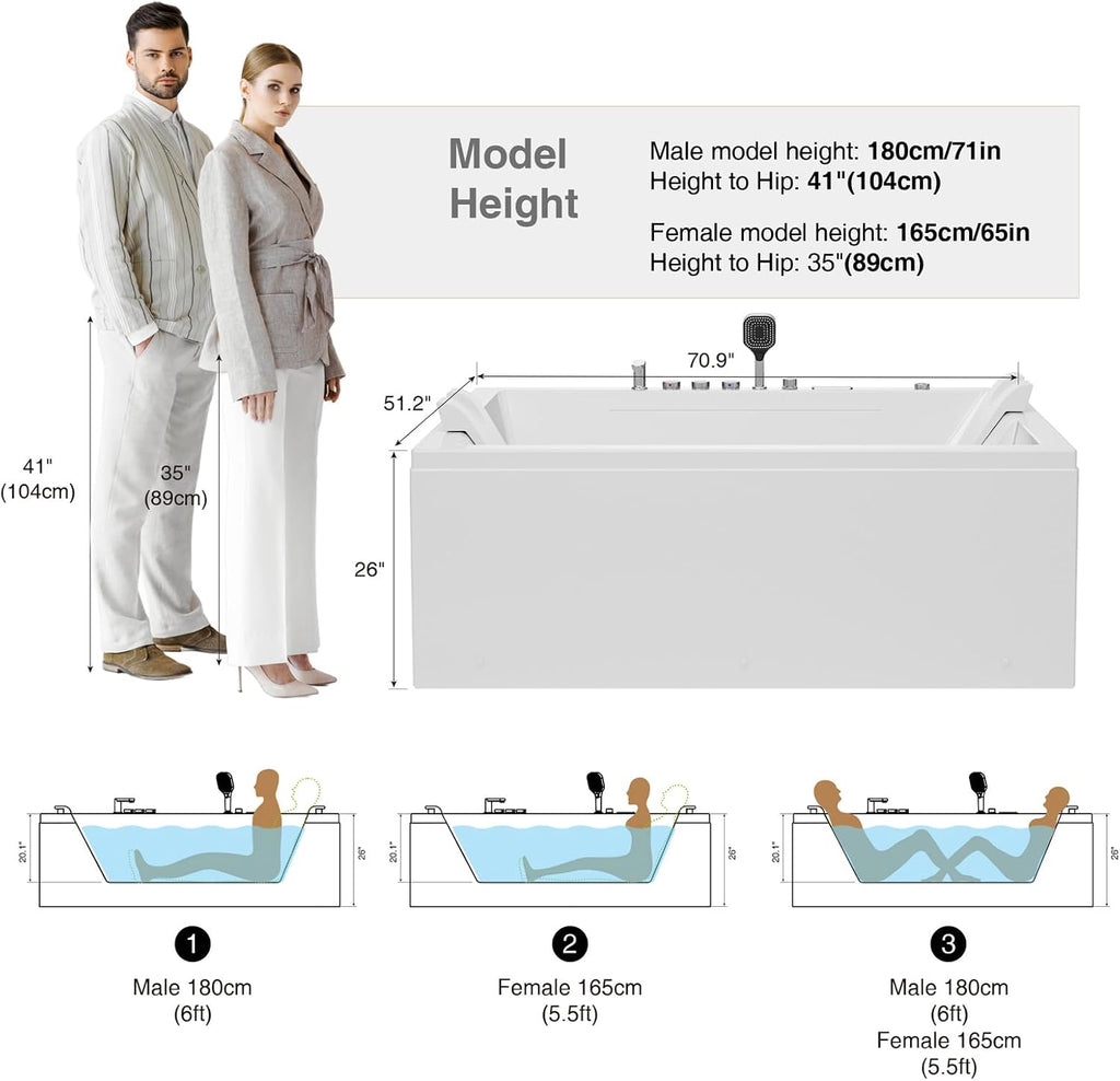 Empava PRO Series 71'x51' Jetted Bathtub, Alcove Spa Tub | 16 Hydro + 24 Air Jets, Chromotherapy & Waterfall | Thermostatic Control, Rectangular Acrylic Whirlpool Bathtub, White (ETL Certified)