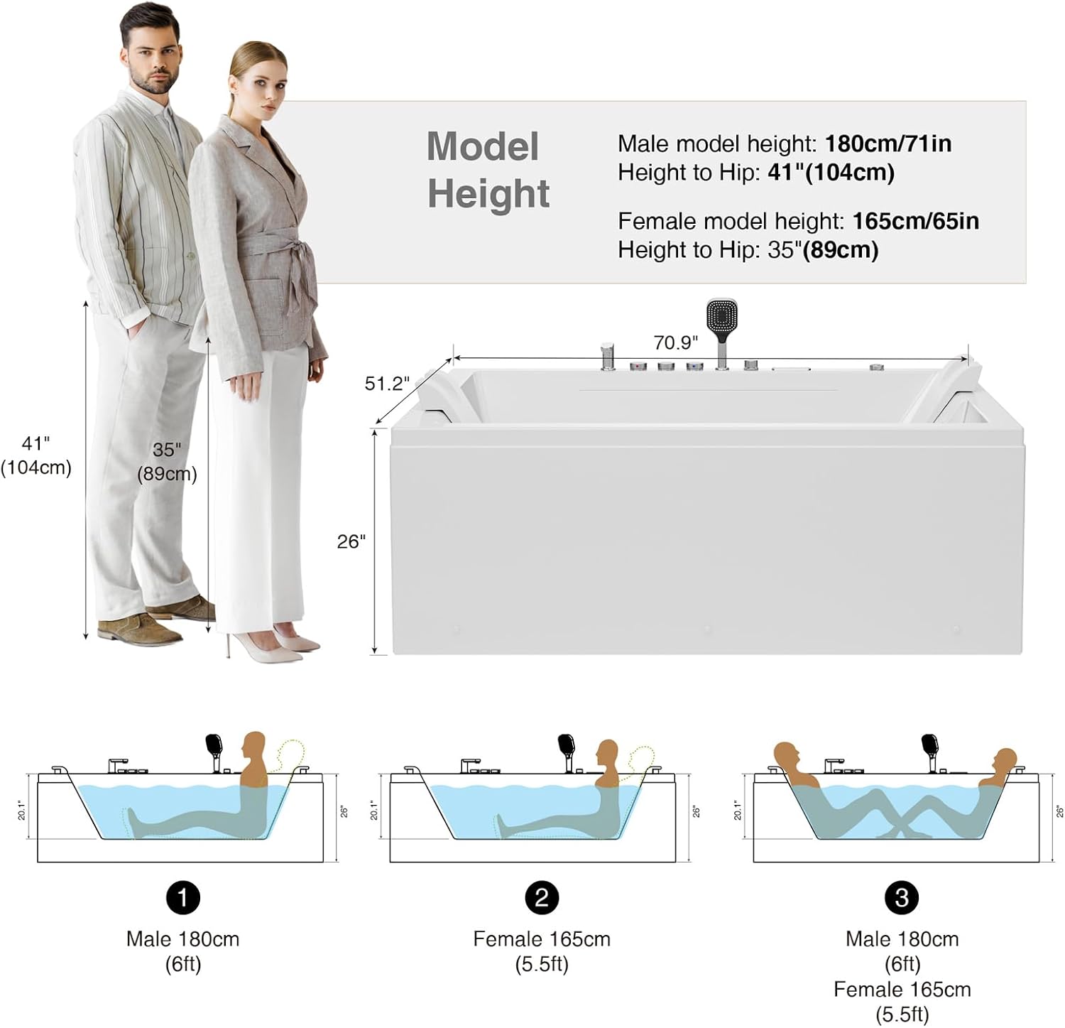 Empava PRO Series 71'x51' Jetted Bathtub, Alcove Spa Tub | 16 Hydro + 24 Air Jets, Chromotherapy & Waterfall | Thermostatic Control, Rectangular Acrylic Whirlpool Bathtub, White (ETL Certified)