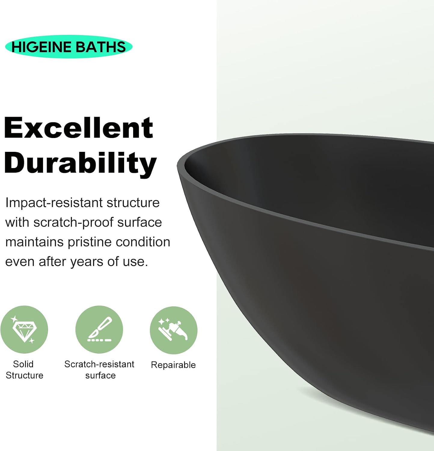63' Premium Solid Surface Freestanding Bathtub, Contemporary Design Stand Alone Stone Resin Tub with Overflow and Pop-up Drain, Matte Black